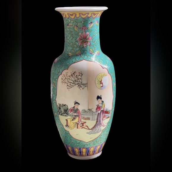 Vintage Other - VINTAGE Chinese Famille Rose
Porcelain Vase 12" Women in Garden Reading Scene